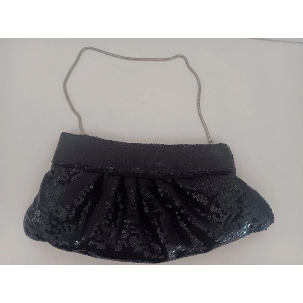Steve Madden Black Sequins Bag Purse Clutch NEW Silver Chain Party Evening